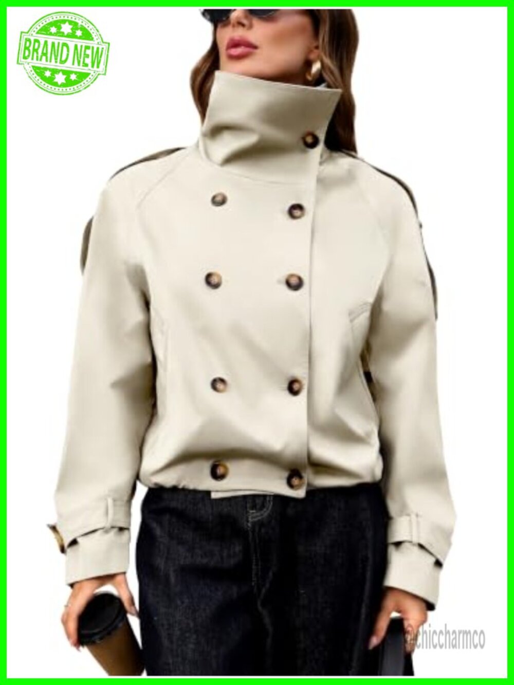 Cropped Trench Coat Women Funnel Neck Button Pockets Loose Fit Outerwear